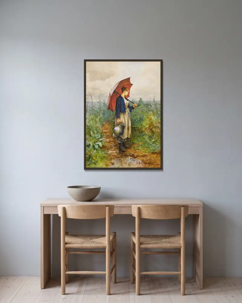 Porträtt av en kvinna med paraply som hämtar vatten av Daniel Ridgway Knight inramad på en vägg