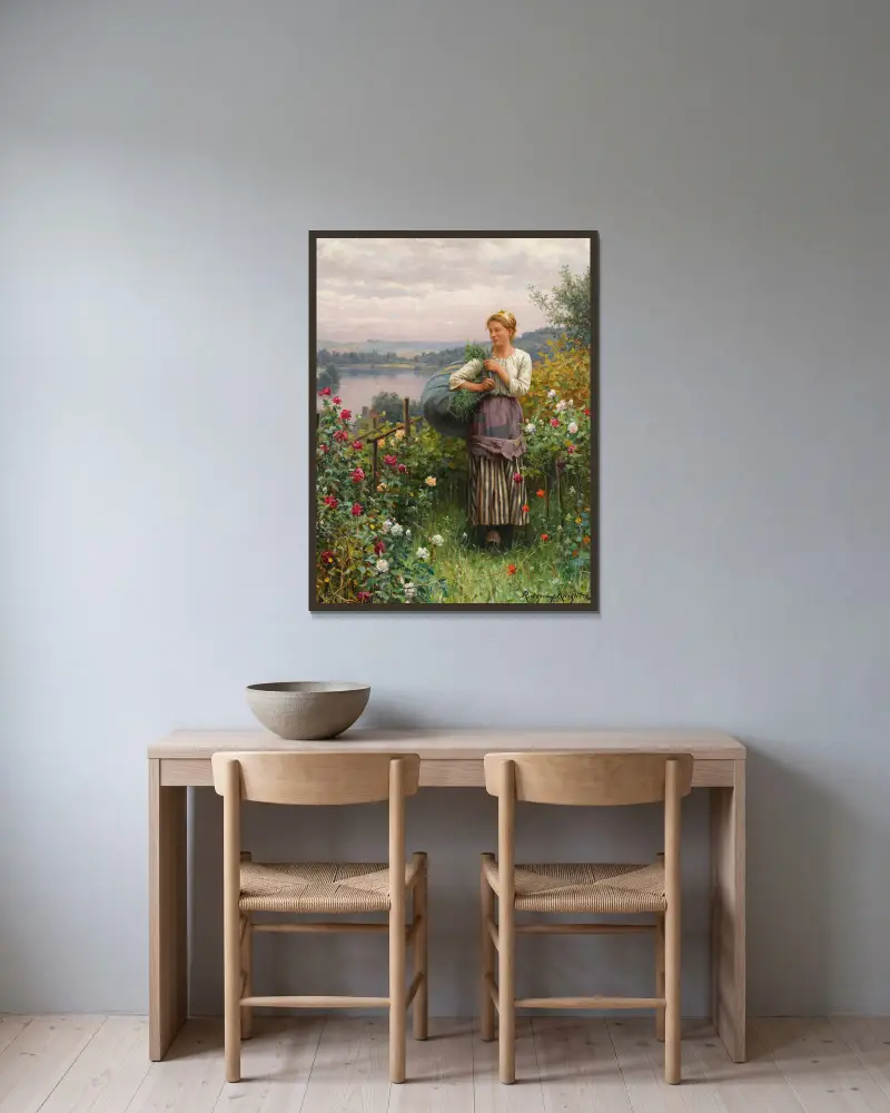 The Rose Garden av Daniel Ridgway Knight inramad på en vägg