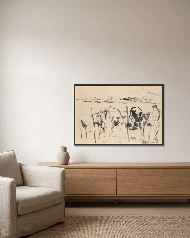 Kälber auf der Wiese von Rik Wouters gerahmt an einer Wand