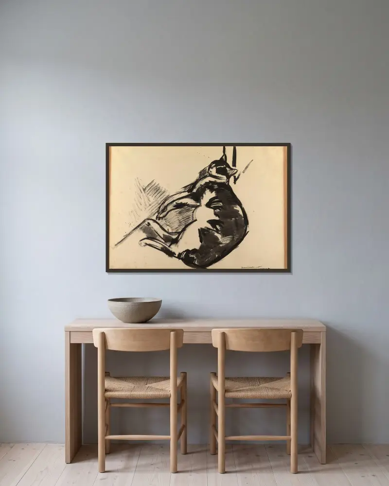 Liegende Katze von Rik Wouters gerahmt an einer Wand