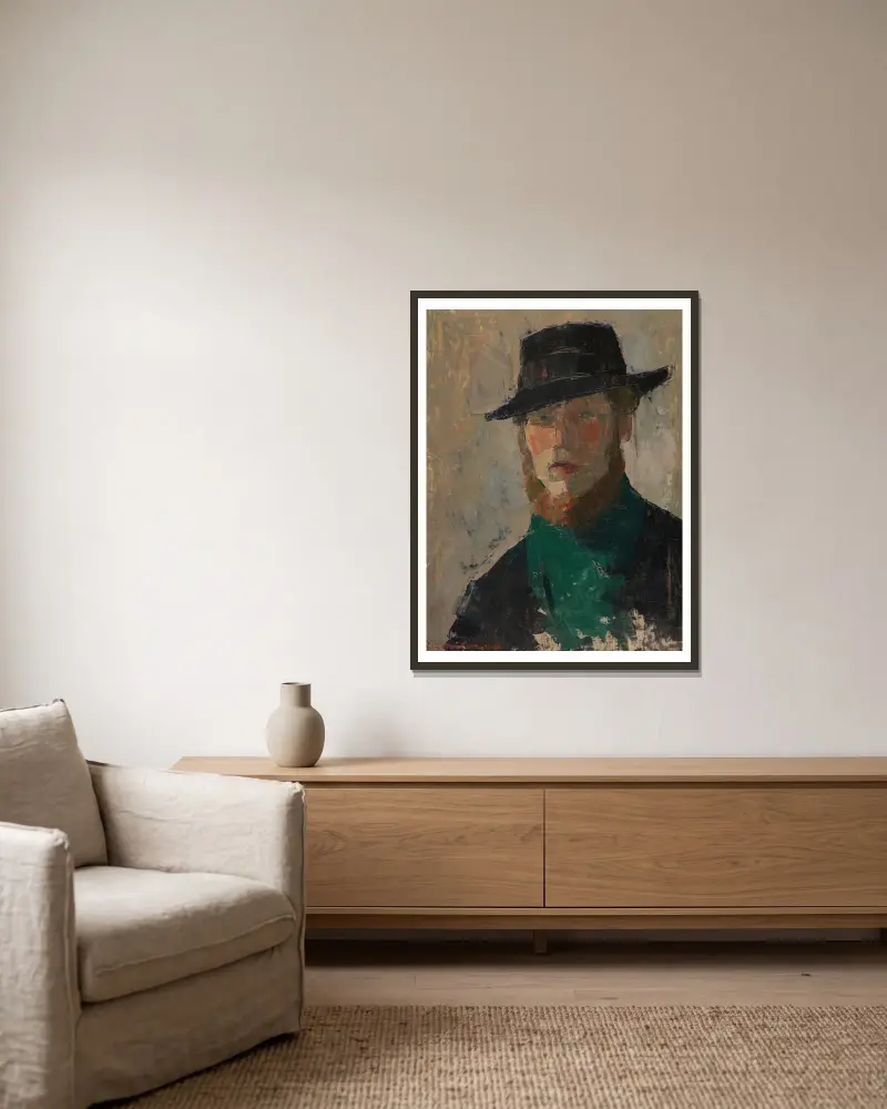 Self Portrait in Black Hat av Rik Wouters inramad på en vägg