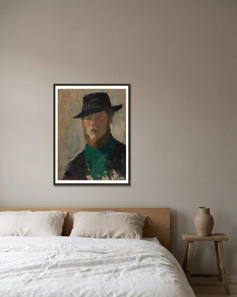 Self Portrait in Black Hat av Rik Wouters inramad på en vägg