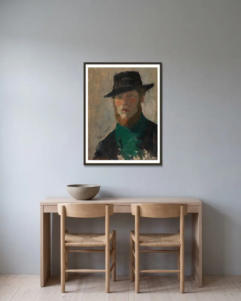 Self Portrait in Black Hat av Rik Wouters inramad på en vägg