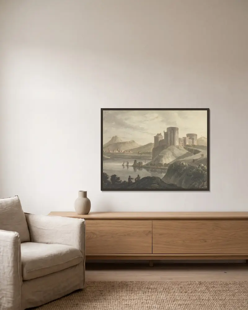Schloss mit Figuren in klassischer Landschaft von Robert Adam gerahmt an einer Wand