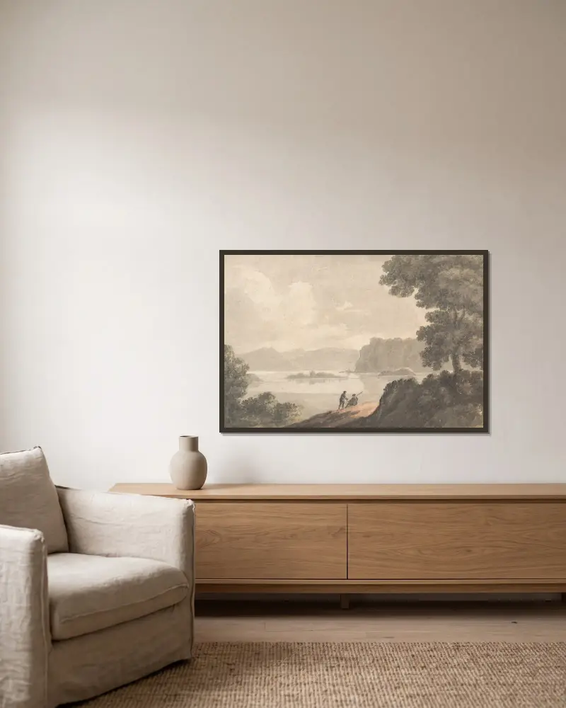 Figuren in einer romantischen Seenlandschaft von Robert Adam gerahmt an einer Wand