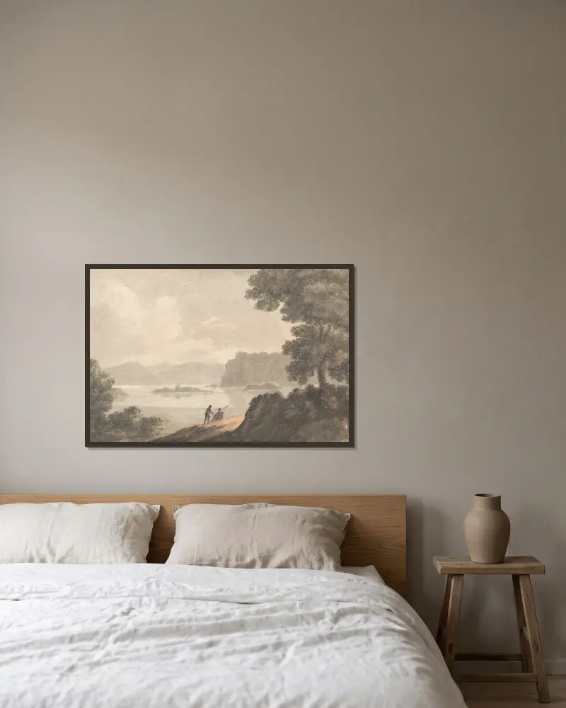 Figuren in einer romantischen Seenlandschaft von Robert Adam gerahmt an einer Wand
