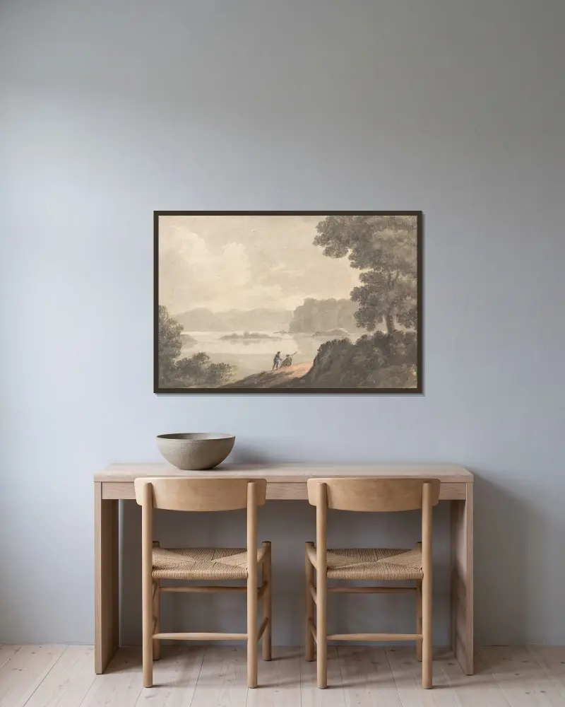 Figuren in einer romantischen Seenlandschaft von Robert Adam gerahmt an einer Wand