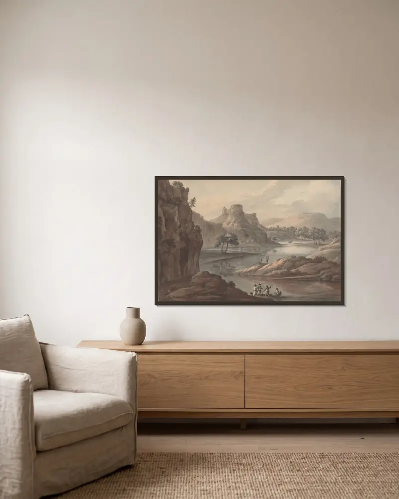 Flusslandschaft mit Schloss von Robert Adam gerahmt an einer Wand