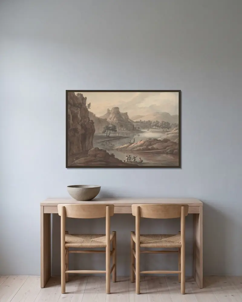 Flusslandschaft mit Schloss von Robert Adam gerahmt an einer Wand
