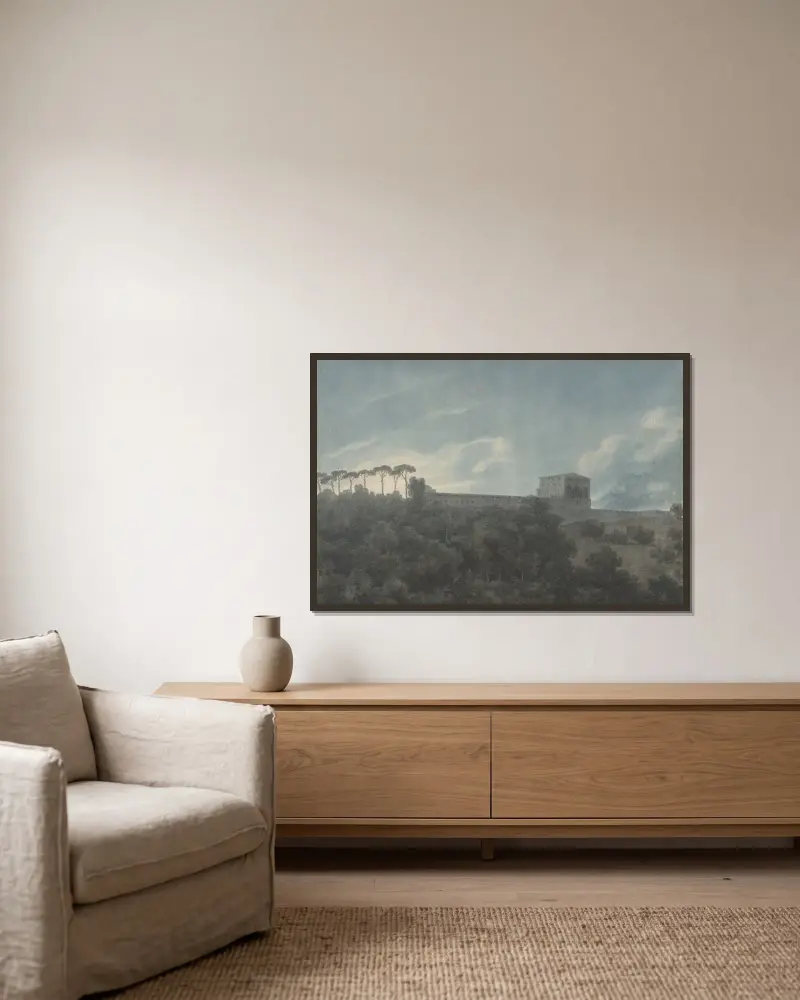 Blick auf die Villa Lante am Janiculum in Rom von John Robert Cozens gerahmt an einer Wand