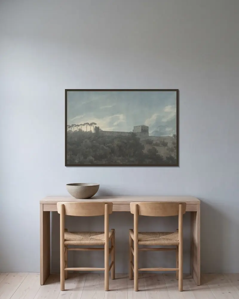 Blick auf die Villa Lante am Janiculum in Rom von John Robert Cozens gerahmt an einer Wand