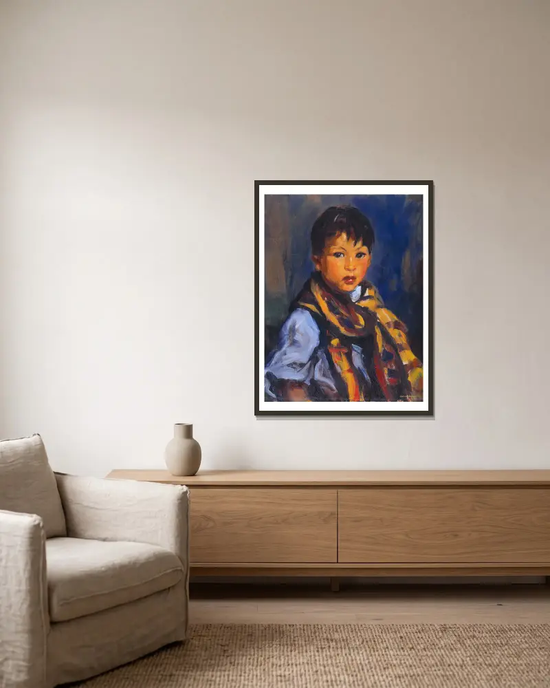 Chłopiec w kraciastym szaliku, Robert Henri w ramie na ścianie