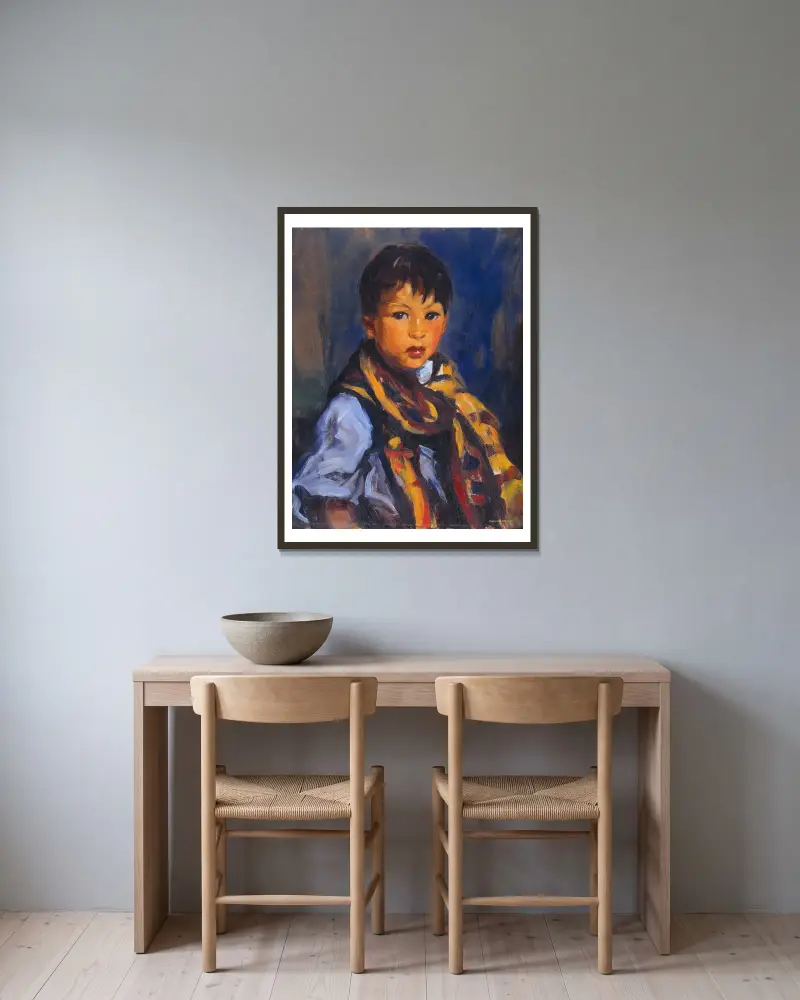 Chłopiec w kraciastym szaliku, Robert Henri w ramie na ścianie