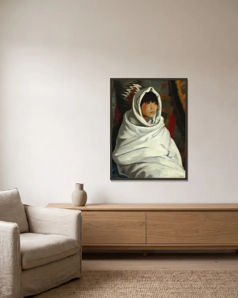 Indianflicka i vit filt av Robert Henri inramad på en vägg