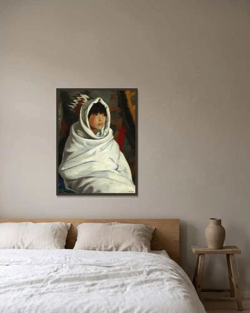 Indianflicka i vit filt av Robert Henri inramad på en vägg