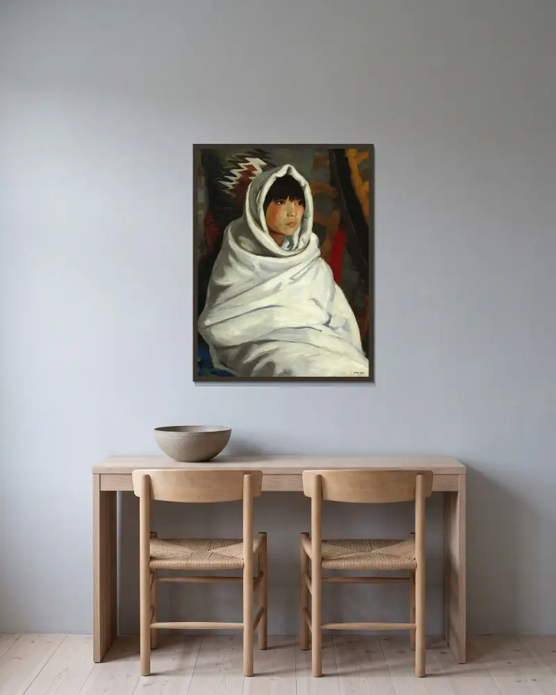 Indianflicka i vit filt av Robert Henri inramad på en vägg