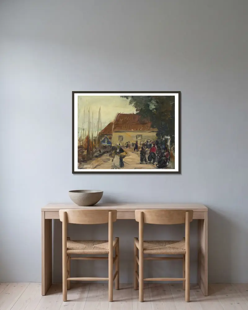 Volendam Street Scene av Robert Henri inramad på en vägg