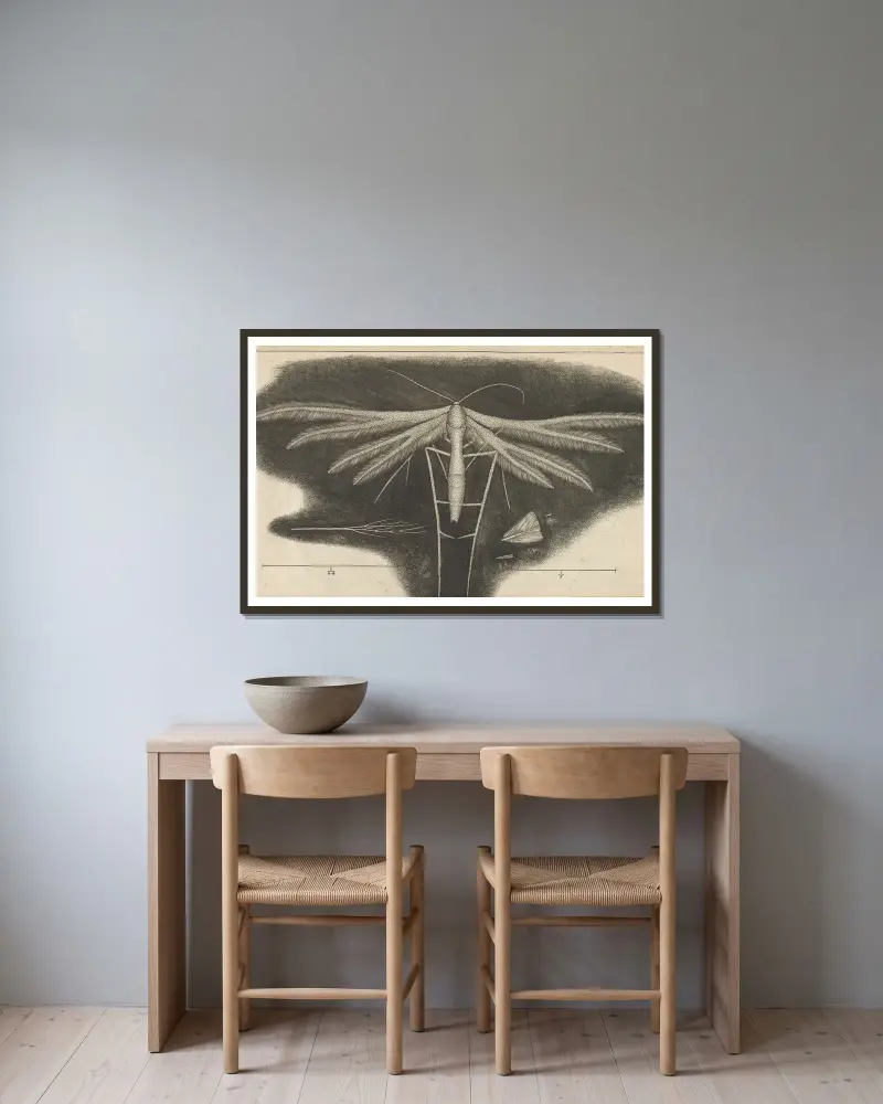 Mikroskopische Ansicht einer weißen geflügelten Motte von Robert Hooke gerahmt an einer Wand
