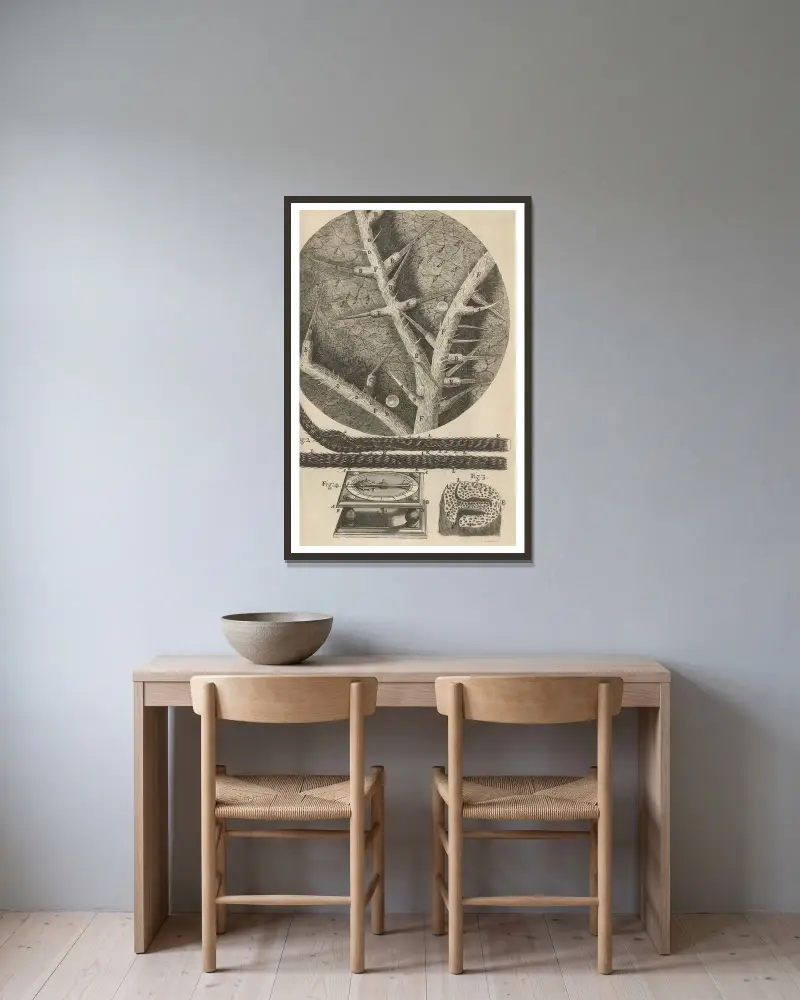 Mikroskopisk bild av nässlor och andra giftiga växter av Robert Hooke inramad på en vägg