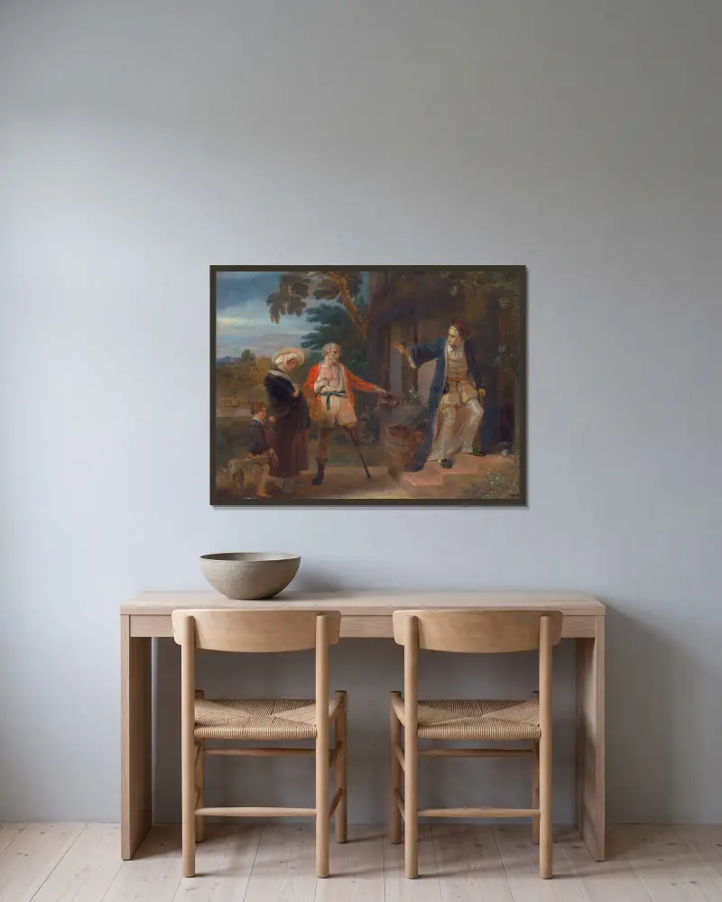 De sju åldrarna – Pantaloon, 'Som ni vill ha det', II, vii av Robert Smirke inramad på en vägg
