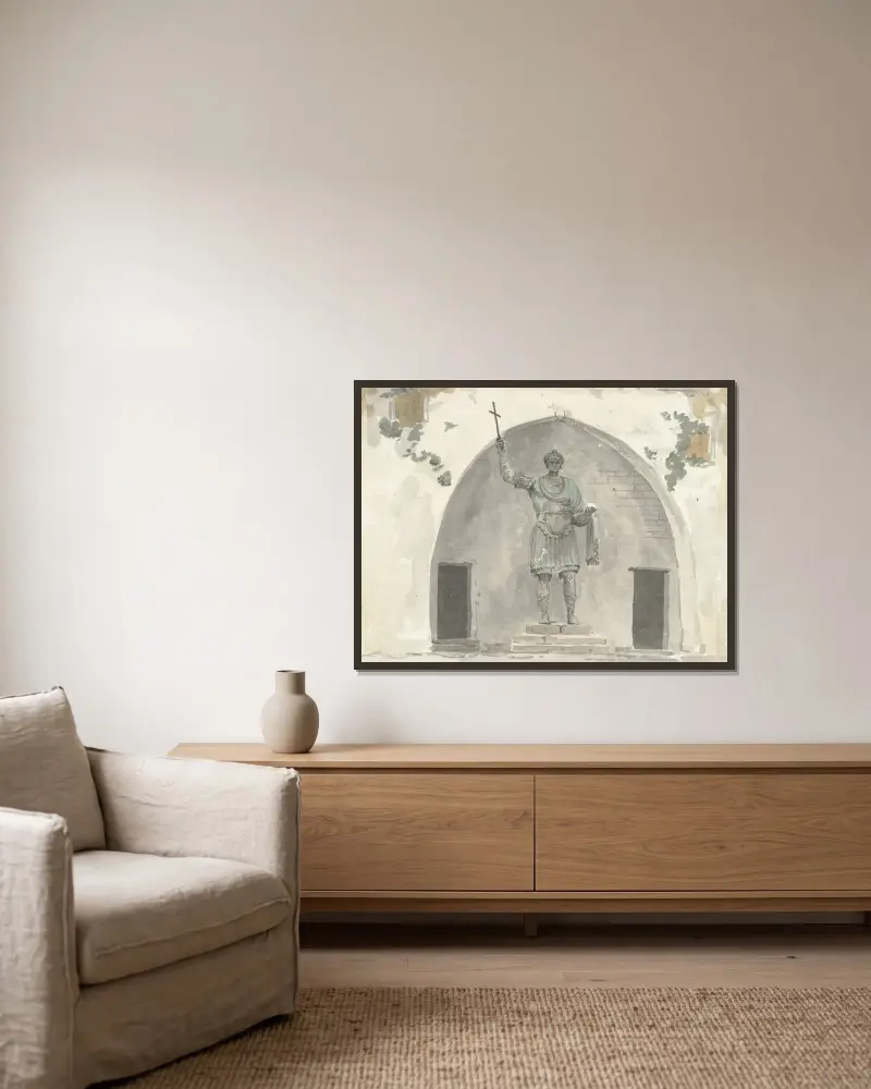 Bronzestatue eines Kaisers auf dem Marktplatz von Barletta von Abraham-Louis-Rodolphe Ducros gerahmt an einer Wand