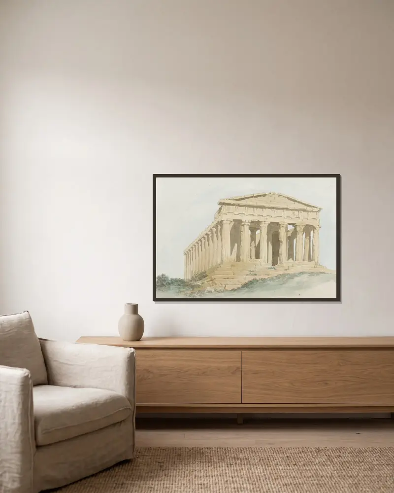 Concordietemplet innanför murarna i antikens Agrigento av Abraham-Louis-Rodolphe Ducros inramad på en vägg