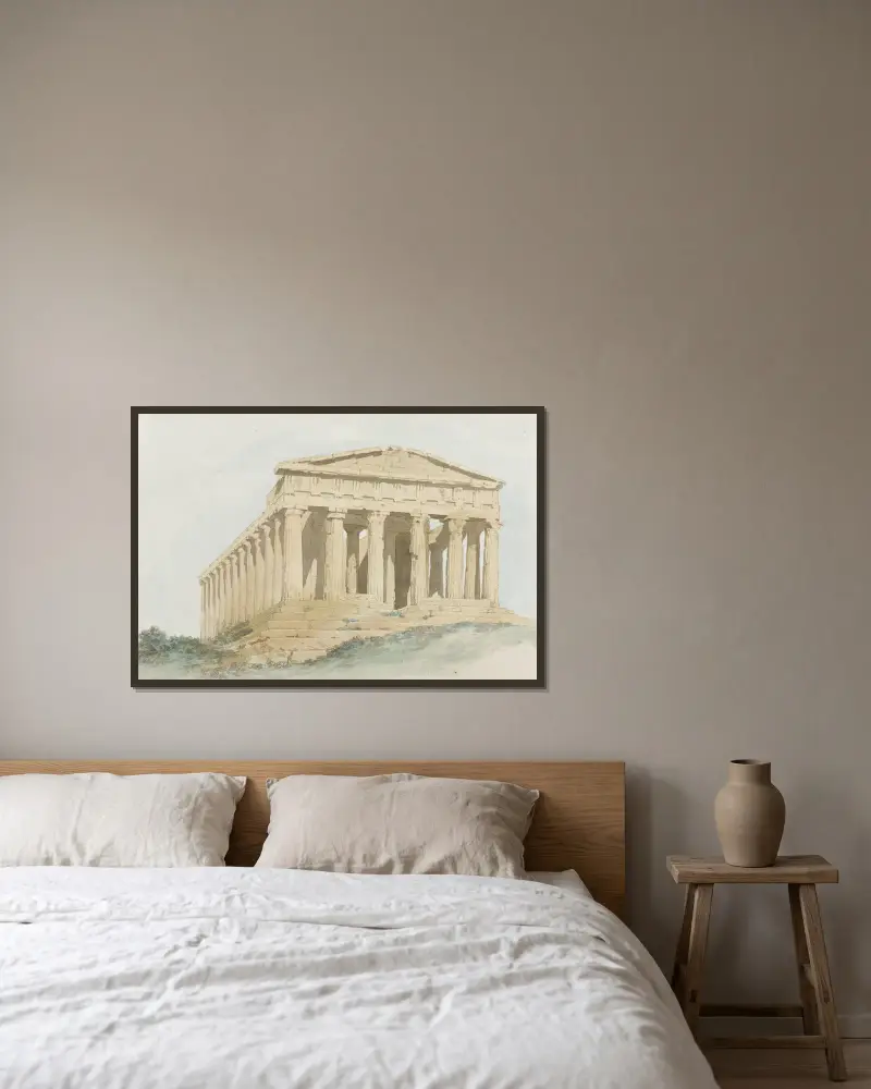 Concordietemplet innanför murarna i antikens Agrigento av Abraham-Louis-Rodolphe Ducros inramad på en vägg