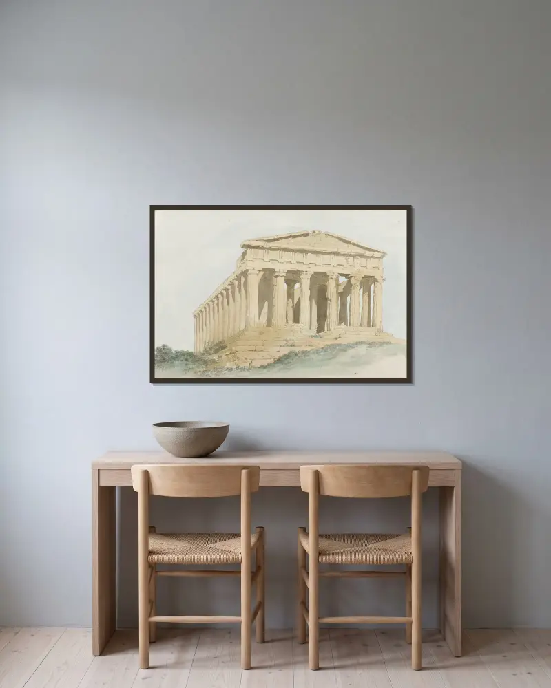 Concordietemplet innanför murarna i antikens Agrigento av Abraham-Louis-Rodolphe Ducros inramad på en vägg