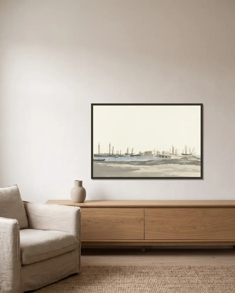 Der Hafen von Barletta mit Schiffen von Abraham-Louis-Rodolphe Ducros gerahmt an einer Wand