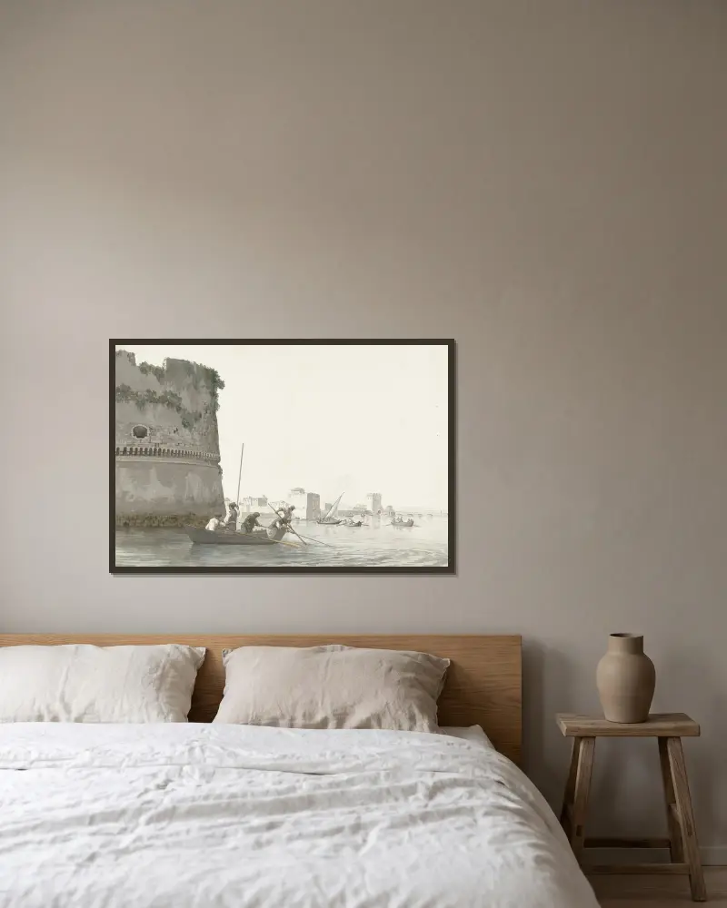 Muschelfischer auf dem Mare Piccolo bei den Festungswerken von Tarent von Abraham-Louis-Rodolphe Ducros gerahmt an einer Wand