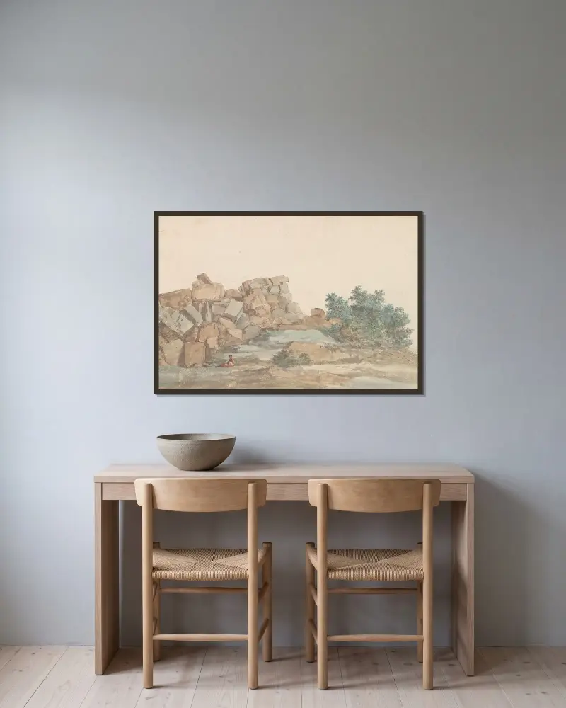 Resten van Zeus Olympus tempel bij Agrigento av Abraham-Louis-Rodolphe Ducros inramad på en vägg