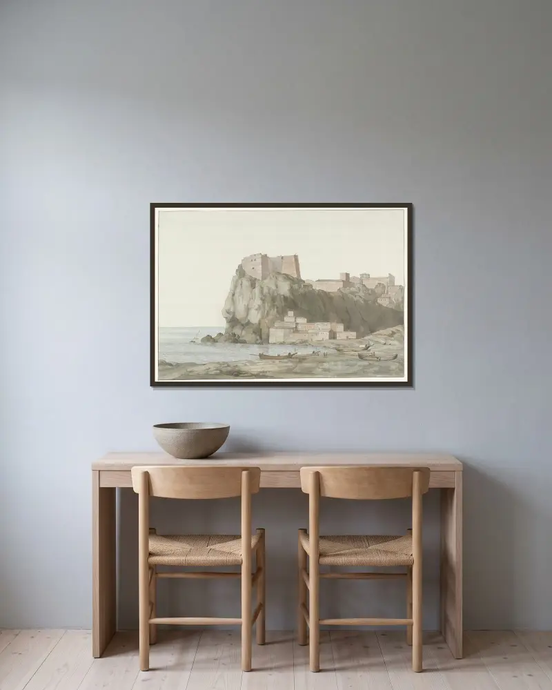 Klippan och staden Scilla i regionen Kalabrien på västkusten av Abraham-Louis-Rodolphe Ducros inramad på en vägg