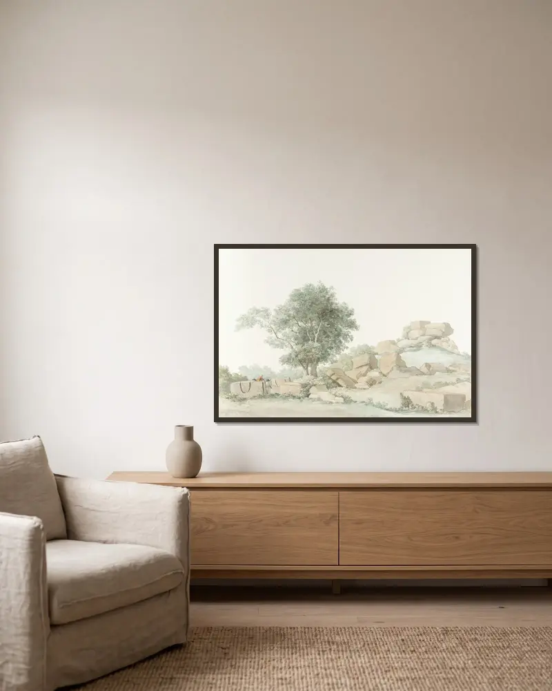 Ruin av Zeustemplet i antikens Agrigento av Abraham-Louis-Rodolphe Ducros inramad på en vägg