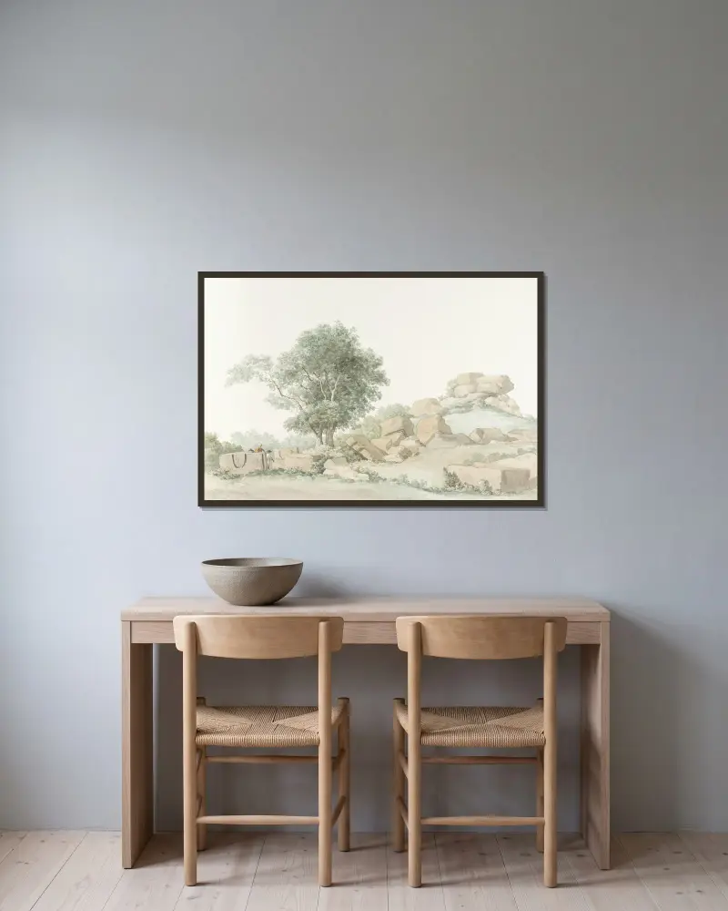 Ruin av Zeustemplet i antikens Agrigento av Abraham-Louis-Rodolphe Ducros inramad på en vägg