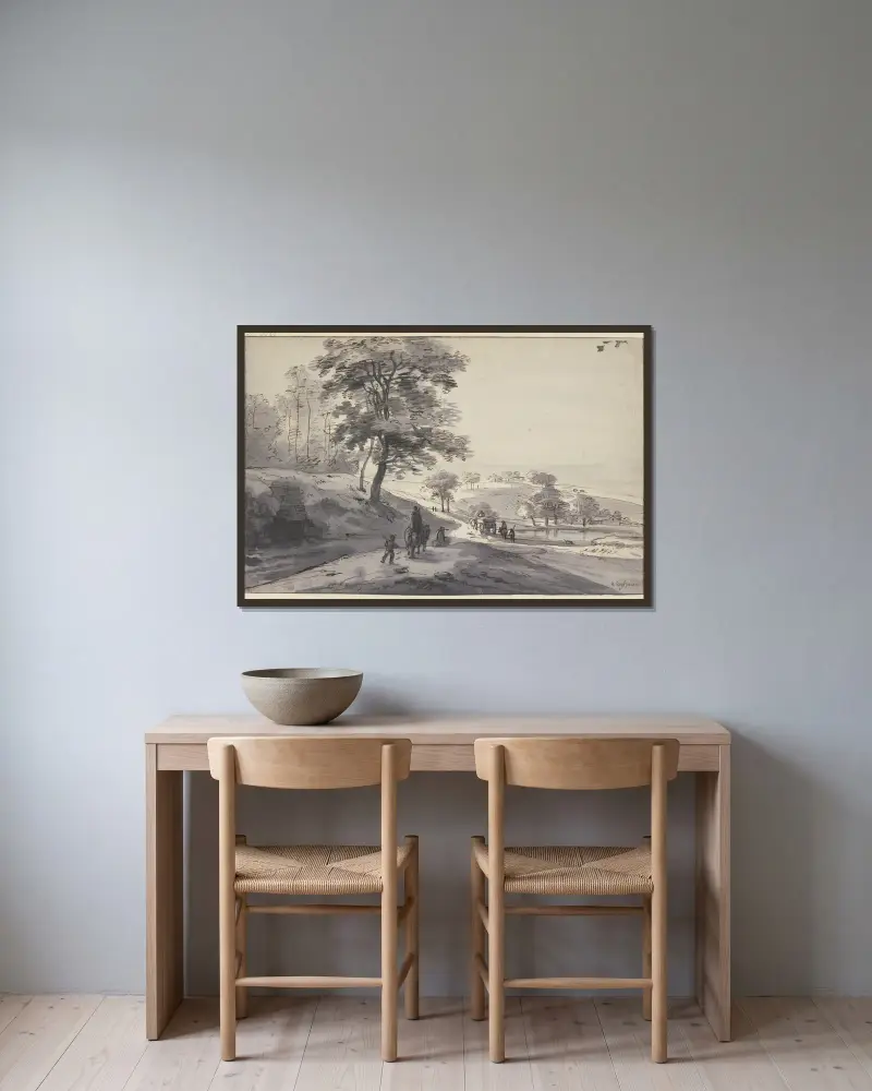 Förbi ett vatten över en kulle slingrar sig en väg med vagn, ryttare och fotgängare av Roelant Roghman inramad på en vägg