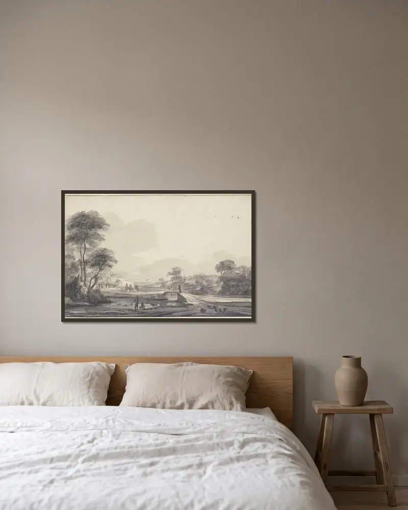 Landschaft mit Bach und Brücke, im Wasser Badende von Roelant Roghman gerahmt an einer Wand