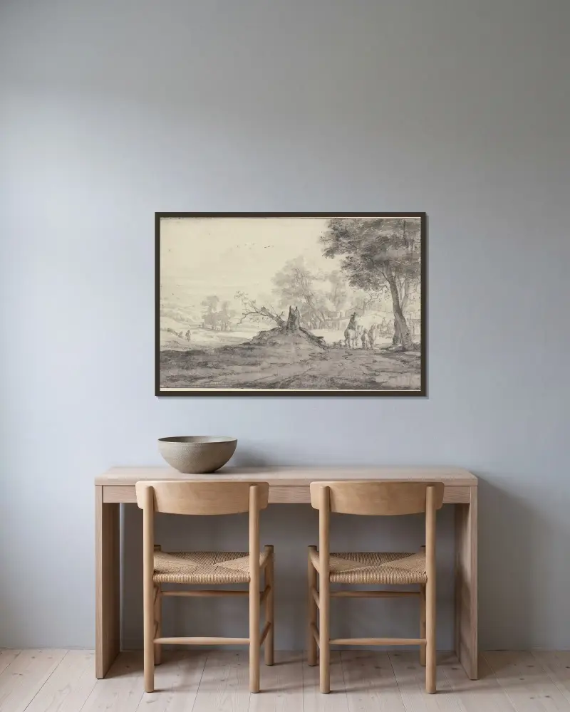 Landskap med träd och hus, i mitten resterna av ett fällt träd, ryttare och fotgängare av Roelant Roghman inramad på en vägg