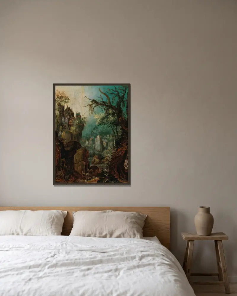 Bergslandskap med flod, en bonde som leder två åsnor, en by i bakgrunden av Roelant Savery inramad på en vägg