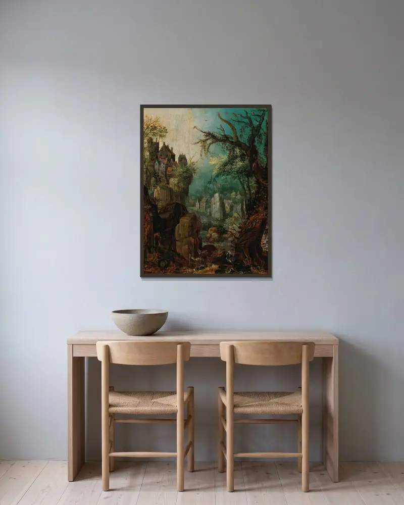 Bergslandskap med flod, en bonde som leder två åsnor, en by i bakgrunden av Roelant Savery inramad på en vägg
