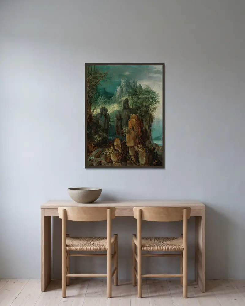 Bergslandskap med flod, figurer och getter, en by i bakgrunden av Roelant Savery inramad på en vägg