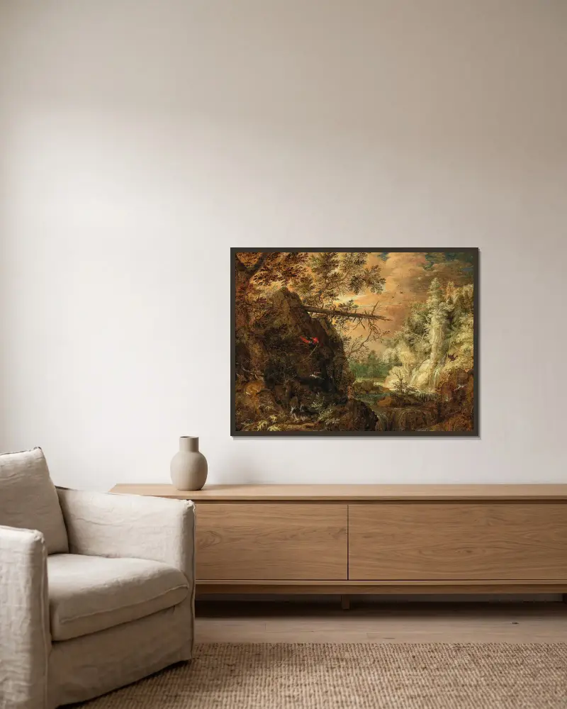 Felsige Waldlandschaft mit Wasserfall von Roelant Savery gerahmt an einer Wand