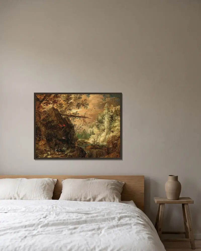 Felsige Waldlandschaft mit Wasserfall von Roelant Savery gerahmt an einer Wand