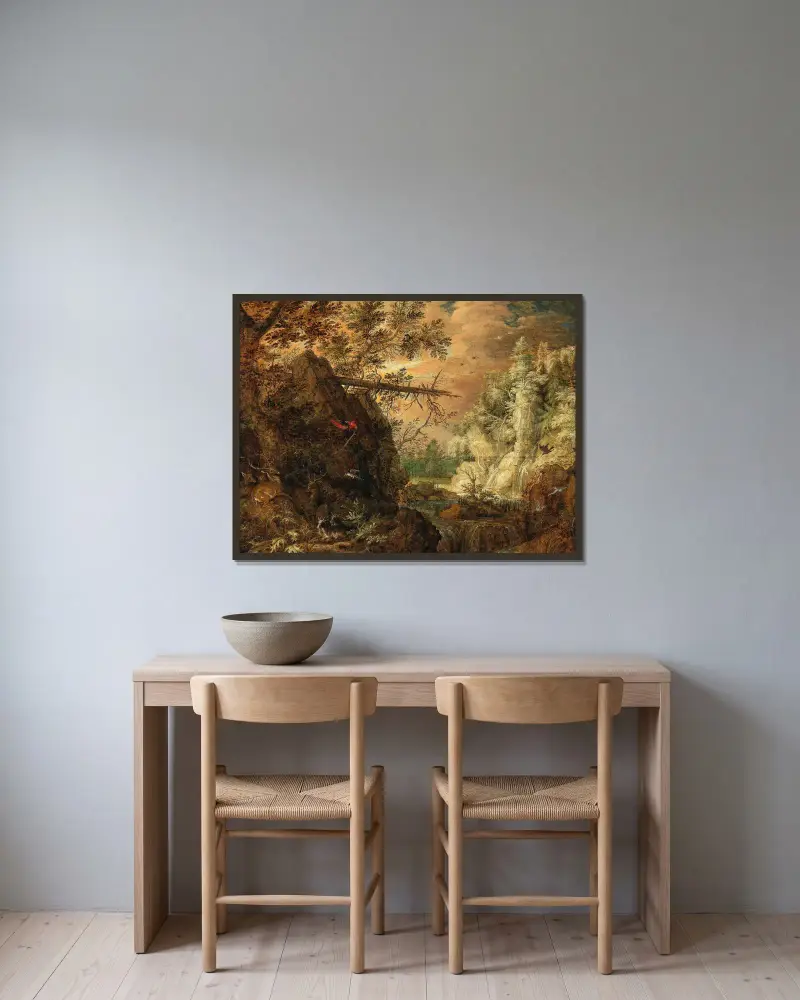 Felsige Waldlandschaft mit Wasserfall von Roelant Savery gerahmt an einer Wand