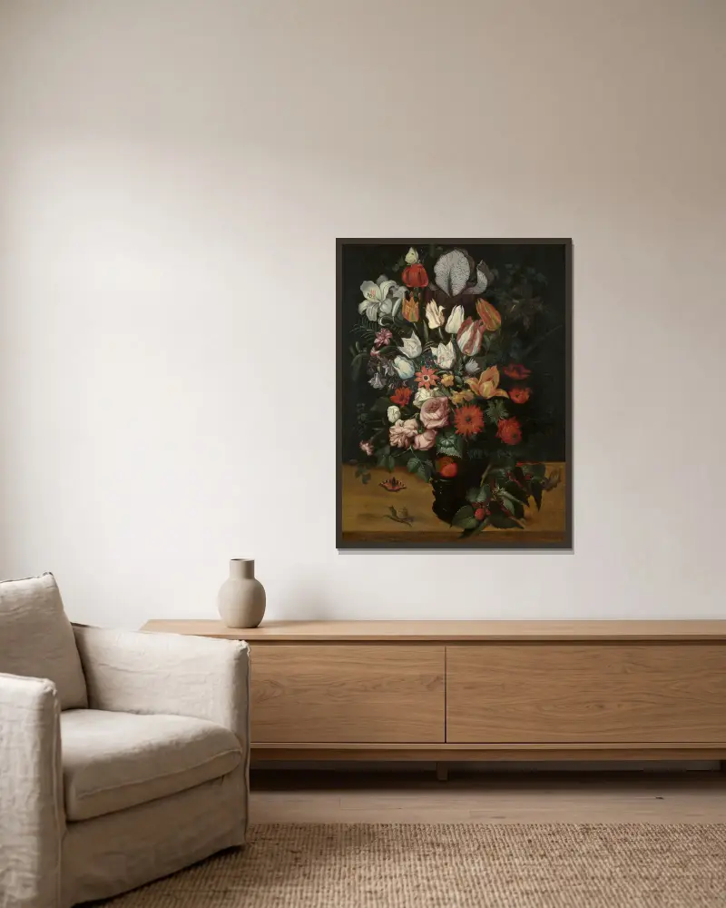 Blumenstück von Roelant Savery gerahmt an einer Wand