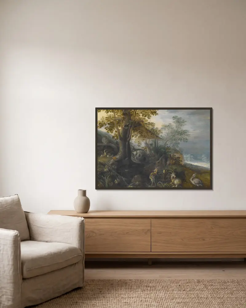 Landscape with Animals av Roelant Savery inramad på en vägg