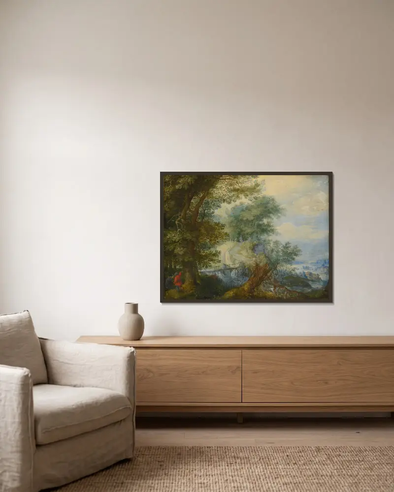 Landschaft mit Jägern von Roelant Savery gerahmt an einer Wand