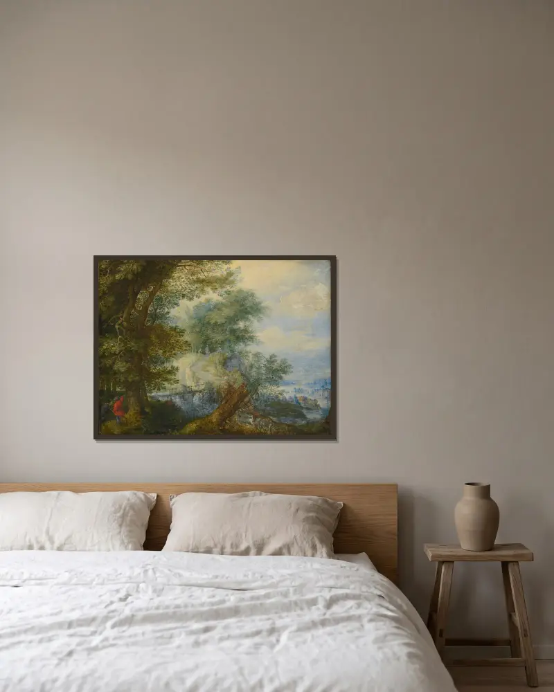 Landschaft mit Jägern von Roelant Savery gerahmt an einer Wand