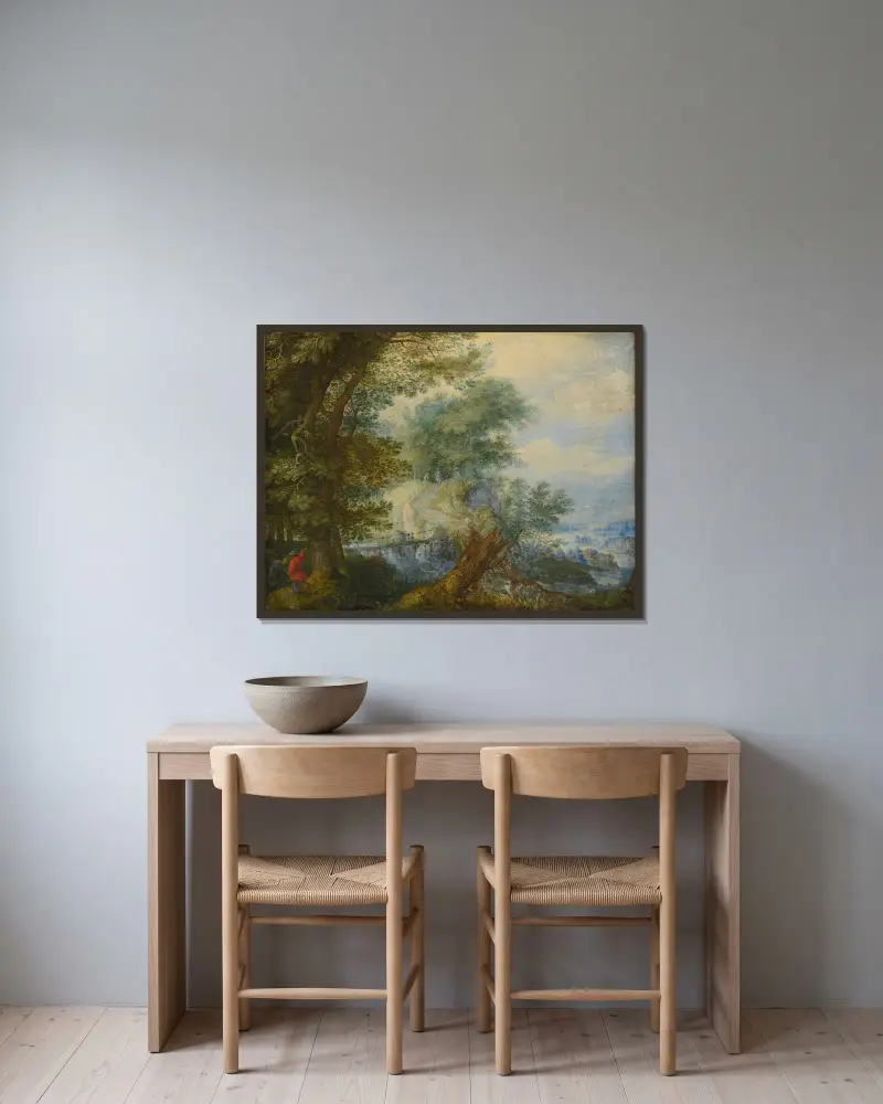Landschaft mit Jägern von Roelant Savery gerahmt an einer Wand