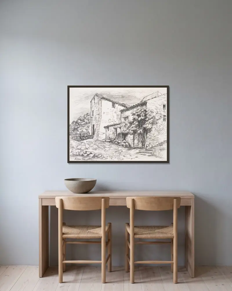 Farmhouse av Roger Fry inramad på en vägg