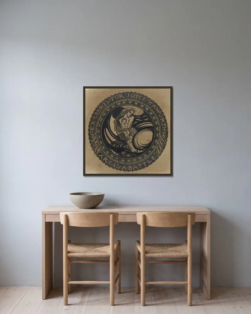 Förslag till exlibris för Joyce Haworth av Richard Nicolaüs Roland Holst inramad på en vägg